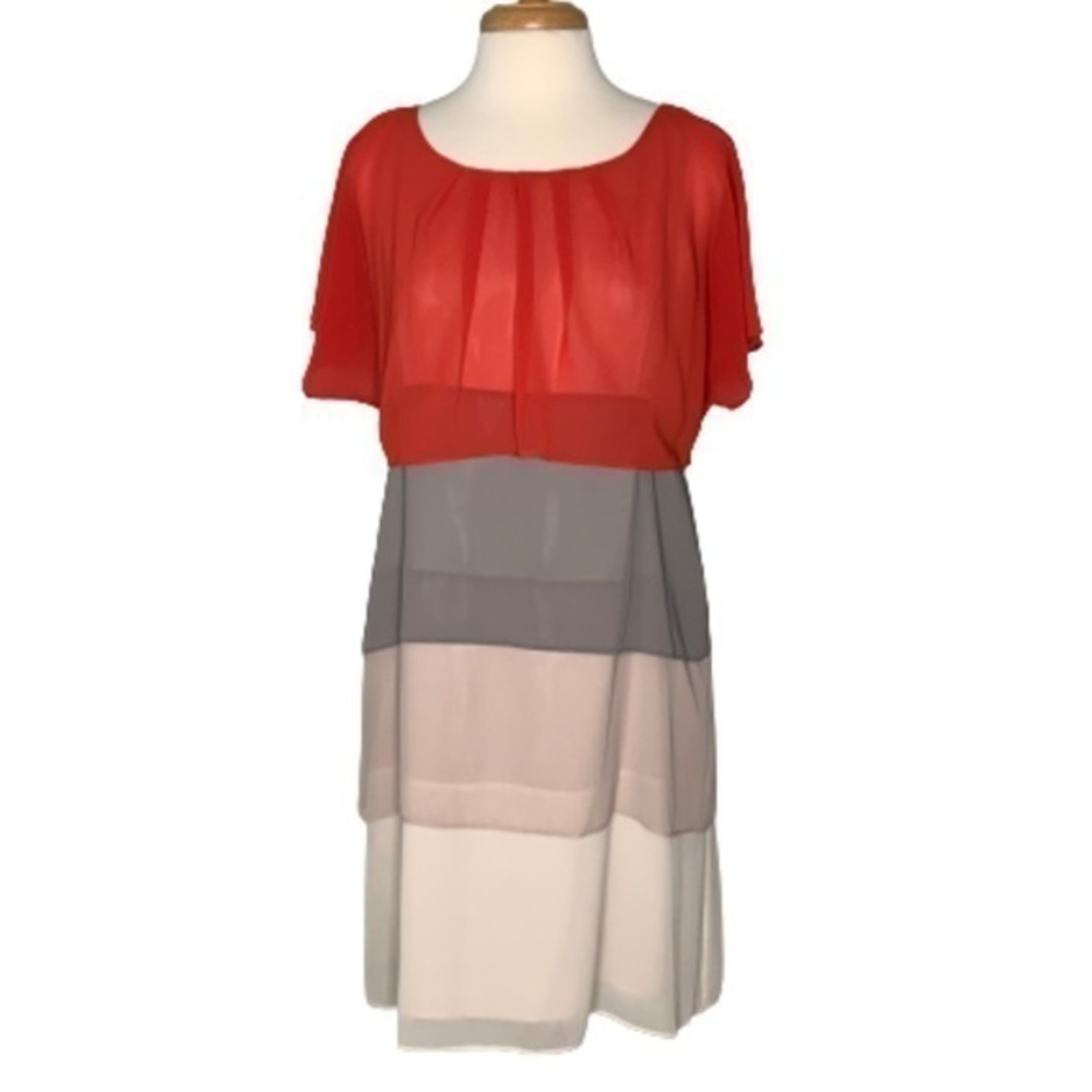 Max & Cleo Orange Gray,Tan Tiered Chiffon Career Dress 8